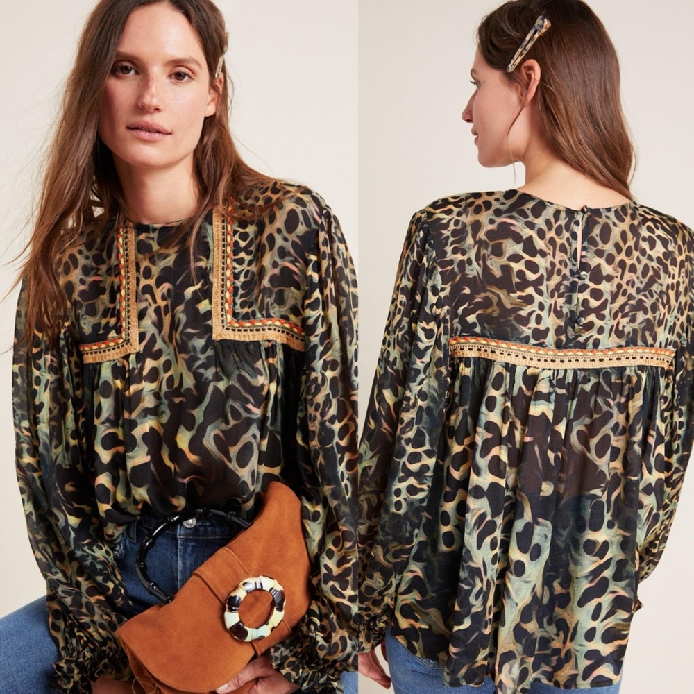 Anthropologie Blank London Joelle Miranda Peasant Leopard Long Sleeve Blouse